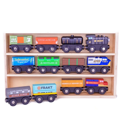Conductor Carl Playtime Express Train Set | 12-Piece Wooden Train Box | Includes Unique Custom Designs and Classics: Recycling Transport, Timber Train, Wheat Car, Coal Train, Oil Tanker, and More