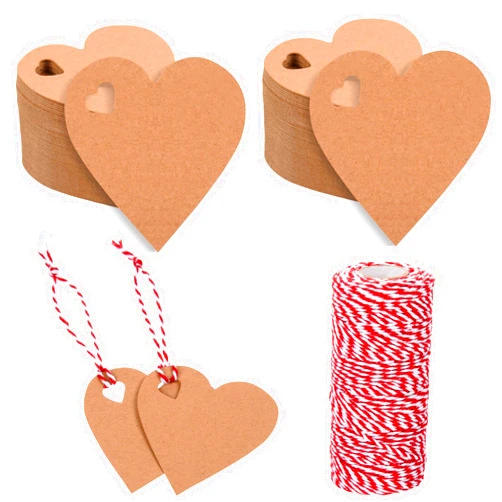 FOBSME 500 Pcs Brown Heart Gift Tags Valentine's Heart Shaped Kraft Paper Tags Blank Hearts Hanging Labels Present Wrapping Tags with 328 Ft String for Mother's Day Weddings Party