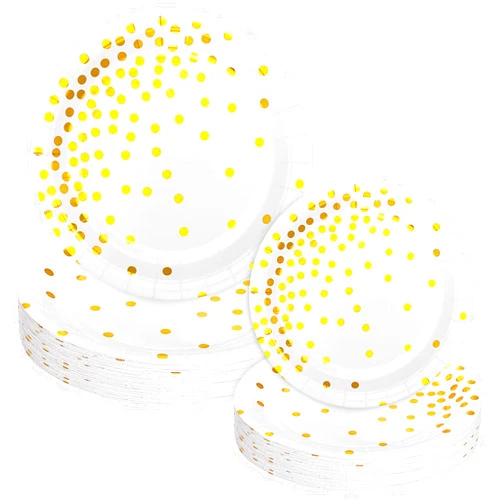 Homyplaza White and Gold Party Paper Plates, Serve 24 Foil Gold Dot Disposable Paper Platesfor Baby Shower Wedding Birthday Party Supplies
