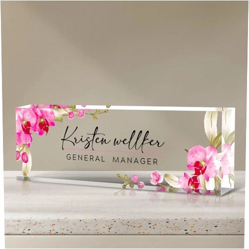 Baosity Personalized Office Name Plate for Desk, Custom Employee Appreciation Gifts, Desk Decorations Gift, Acrylic Desk Name Plate Funny, Acrylic Desk Ornaments (Style-Butterfly Orchid)