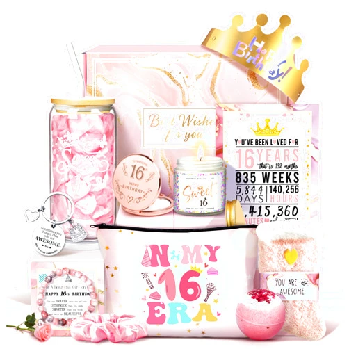 Jumway Birthday Gift Box for 16 Girls - Luxury Pink Teen Milestone Kit with 'Sweet 16' Cup, Rose Gold Mirror, Spa Set - Perfect 16th Birthday Present for Daughter, Sister, Friends