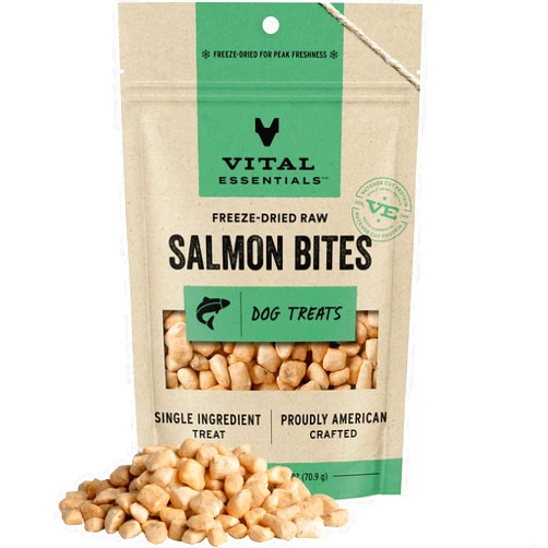 Vital Essentials Freeze Dried Raw Salmon Bites Dog Treats, 2.5 oz | Premium Quality High Protein Training Treats | Grain Free, Gluten Free, Filler Free