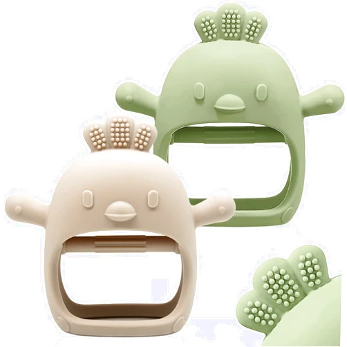 ChooKaChoo 2 Packs Baby Teething Toy for 0-6 6-12 months, Food Grade Silicone Teething Mitten, Anti Dropping Wrist Hand Teethers Baby Chew Toys for Sucking Needs, BPA Free (Green & Caramel)