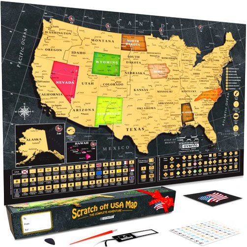 OVANTO The exclusive 17x24” Scratch off Travel Map designed from scratch for people requiring more! the only United States map with super easy scratch foil & tons of extra features