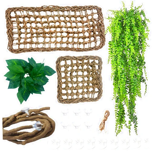 MUYG Bearded Dragon Tank Hammock,Natural Seagrass Reptile Lounger Hammocks Decor Flexible Leaves Jungle Climber Vines Habitat Accessories for Lizard Chameleon Gecko Snakes(5 PCS)