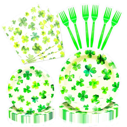 Wobeny 96 Pieces St. Patrick's Day Tableware Set - Shamrock Disposable Dinnerware with Clover Design Plates, Napkins, and Forks for Irish Celebrations and Festive Gatherings, Serves 24 Guests
