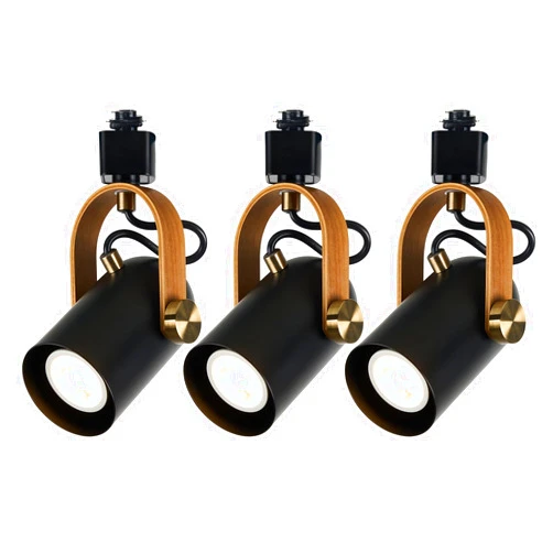 HUAWIYA Industrial H Type Track Lighting Heads, Matte Black Finish,Aged Brass Accent,Natural Dark Wood Adjustable Spotlights,for Shop,Kitchen,Dining Room