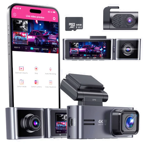 Sarmert 4K 3 Channel Dash Cam - Sarmert 2024 Upgraded GPS & 5G WiFi Dash Cam Front and Rear Inside 4K+1080P+1080P, Free 64GB Card, 3.18
