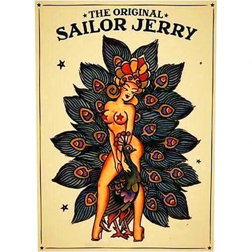 Sebary Vintage Tin Sign Sailor Jerry Tattoo Girl and A Peacock Retro Kitchen Garden Restaurant Farm Bathroom Zoo People Cave Farm Wall Decor Metal Plate 8x12 Inch