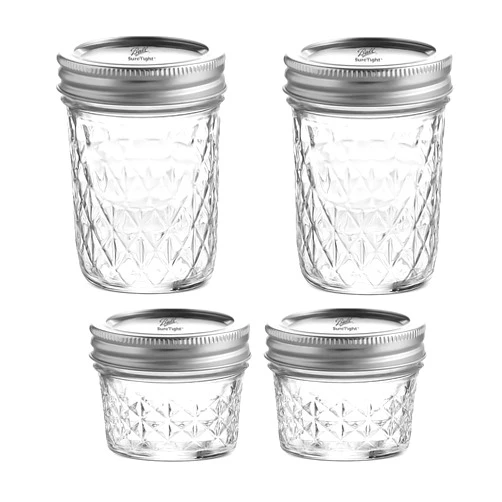 MEM WORLDSHOP Quilted Crystal Jelly Regular Mouth Mason Jars - (4 Pack) - 2 - Ball 8-Ounce and 2 - Ball 4-Ounce Quilted Crystal Jelly Regular Mouth Jars with Lids and Bands + M.E.M Rubber Jar Opener Included