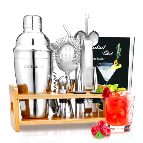 Godmorn Cocktail Shaker Set Bartender Kit, Godmorn 15Pcs Bartender Shaker Set, 304 Stainless Steel Martini Shaker and Strainer, 550ml /19OZ Bar Tool Set with Bamboo Stand, Recipe Book, for Home and Bar