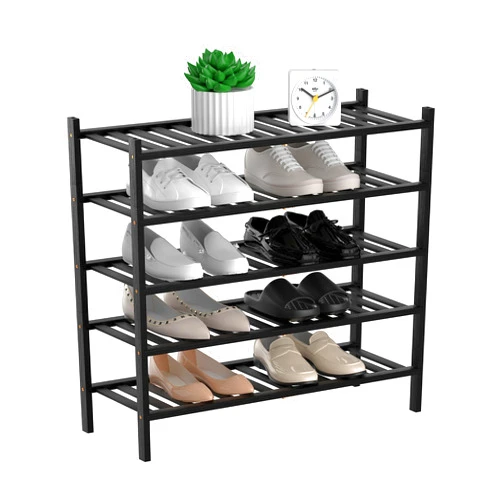 RONGJIA 5-Tier Natural Bamboo Shoe Rack - Stackable Storage Shelf with Multi-Function Combinations - Free Standing Shoe Racks for Convenient Shoe Organization（Black） 11