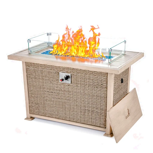 GYUTEI 50,000 BTU Auto-Ignition Gas Fire Table, 44in Propane Fire Pit Table with CSA Certification, 2 Hidden Side Hooks, 1 Glass Wind Guard, Aluminum Hand-Painted Table Top for Outside Patio (Gray)