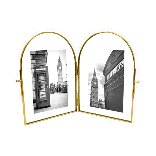 Isaac Jacobs 5x7 Vintage Style, Double-Sided Arched Brass & Glass Metal Floating Picture Frame with Locket Closure (Vertical), Made for Tabletop Display (5x7 Vertical, Antique Gold)