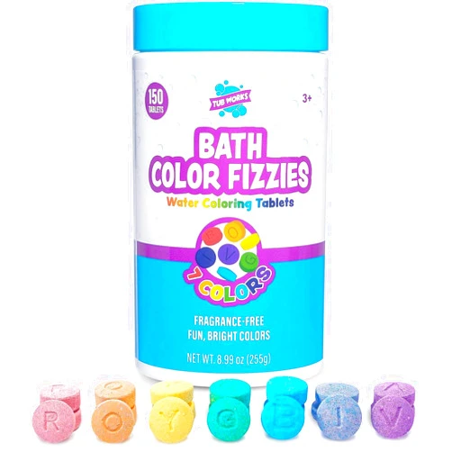 Tub Works® Bath Color Fizzies, 150 Count | Nontoxic & Fragrance-Free | Fizzy, Bath Color Tablets for Kids | Create Fun Bath Colors | Water Tablets in 7 Colors for Variety | Bath Bombs for Kids Bath