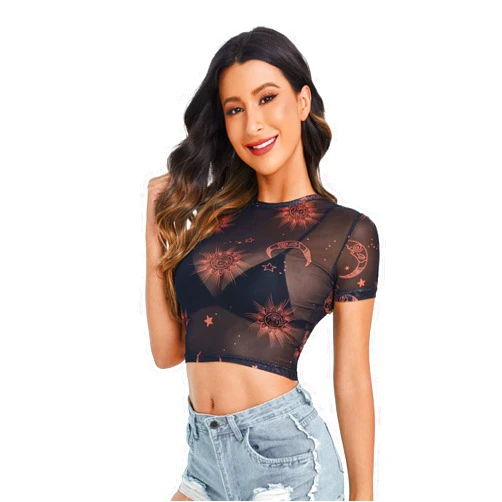 SweatyRocks Women's Short Sleeve Print See Through Sheer Mesh Crop Top T Shirt