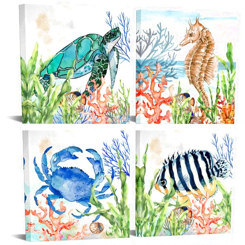 LyerArtork Ocean Animals Canvas Wall Art Sea Turtle Fish Pictures Bathroom Wall Decor Watercolor Blue Crab Seahorse Printed Pictures Artwork Modern Home Decoration for Kids Bedroom Ready to Hang 12