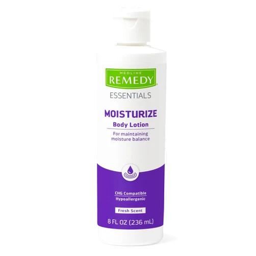 Medline Remedy Essentials Moisturizing Body Lotion, 8 Fl Oz (Pack of 12), Fresh Scent, Hydrating, Non-Greasy, For Dry Skin, Hypoallergenic, Men, Women, Elderly