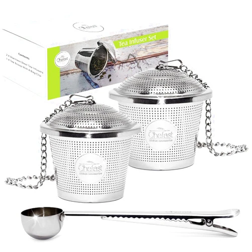 Chefast Tea Infuser for Loose Tea - Set of 2 Large Cup & Scoop with Bag Clip - Reusable Tea Strainers, Steeper for Loose Tea, Diffusers for Brew, Tea, Spices & Seasonings. Satisfaction Guarantee