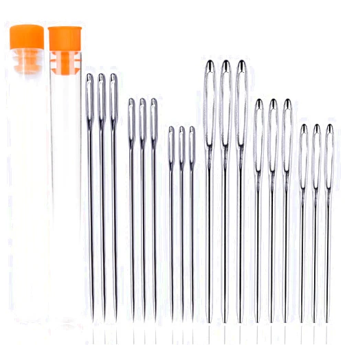 WONVOC 18 PCS Large Eye Sewing Needles, 9 PCS Sewing Sharp Needles and 9 PCS Large Eye Blunt Sewing Needles, Leather Needle, Stainless Steel Hand Stitching Needles with Plastic Bottle