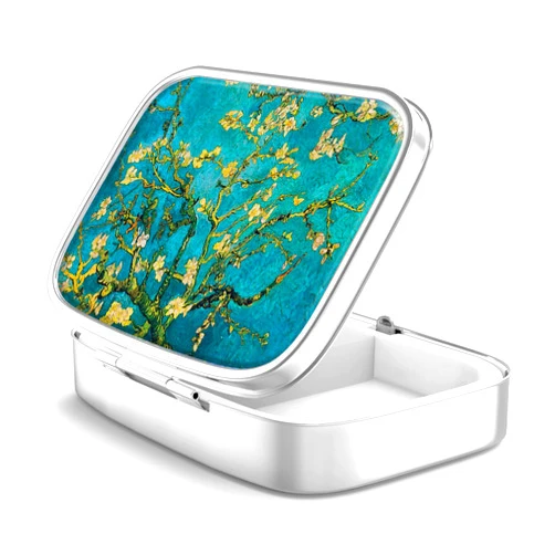 Hion Pill Box 2 Compartment Medicine Pill Case,Portable Pill Box for Pocket or Purse Pill Box Decorative Metal Medicine Vitamin Organizer Unique Gift(Van Gogh Almond Blossom)
