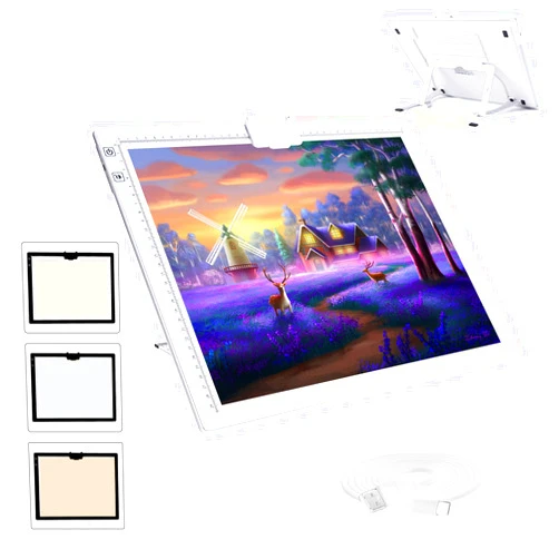 ASRAS A3 Light Box for Tracing, Rechargeable Battery Powered Tracing Light Box, 3 Colors Stepless Dimmable 6 Levels of Brightness Diamond Painting Light Board ,Built-in Stand, Magnet Clip