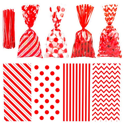 Aneco 100 Pack Red Cellophane Bags Plastic Candy Bags Gift Bags Goodie Bags with Twist Ties for Valentine, Birthday, Gift Cookie Snack Packing Party Favor Supplies