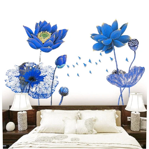 AM AMAONM Creative Gaint Cartoon Blue Lotus Wall Stickers Removable DIY Flowers Nursery Decor Wall Decals 3D Floral Peel and Stick Art for Home Walls Girls Bedroom Living Room Classroom Bathroom