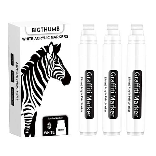 BIGTHUMB Thick White Jumbo Poster Markers: 3 Pcs 15mm Wide Tip Large Acrylic Paint Pens Big Permanent Graffiti Markers Calligraphy Marker for Rock Painting, Sign, Canvas, Glass, Wood, Ceramic