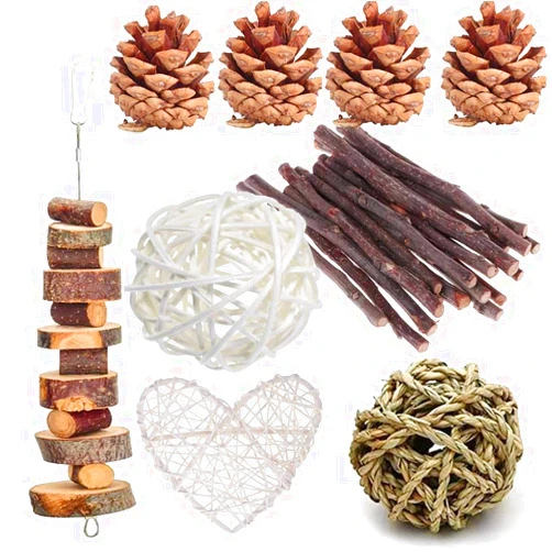 ANDES Rabbit Chew Toys, Pet Bunny Tooth Chew Toys Organic Natural Apple Wood Grass Cake Ideal for Bunny, Chinchilla, Guinea Pigs, Hamsters Teeth Grinding, Bird Exercise Molar (13PCS)