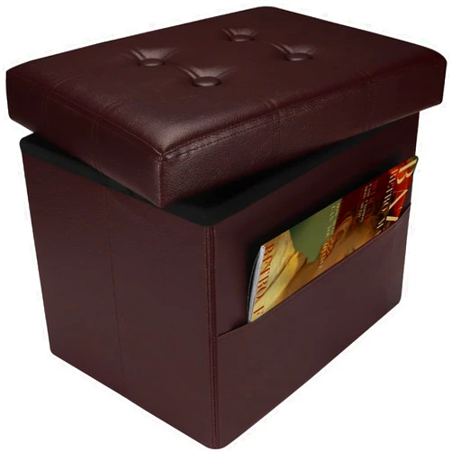 FujDun® Folding Storage Ottoman Foot Rest Footstool with Side Pocket,17 Inch Leather Ottoman Seat for Living Room Bedroom,Padded with Thick Sponge,17X13X13inch Brown