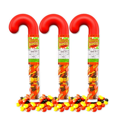 Snackivore Reeses Christmas Candy Cane Tube 3 Pack of Mini Reeses Peanut Butter Pieces, Bulk Reese's Peanut Butter Pieces, Reece's Candy Cane, Reeses Pieces, Peanut Butter Candy, Reeses Stocking Stuffer Candy