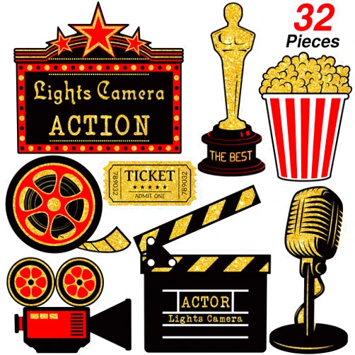 Hicarer 32 Pieces Movie Party Decorations Red Carpet Cutouts Movie Party Cards Table Toppers Movie Theme Decor Double Sided Printing Red Golden Black for Movie Night Party Supplies