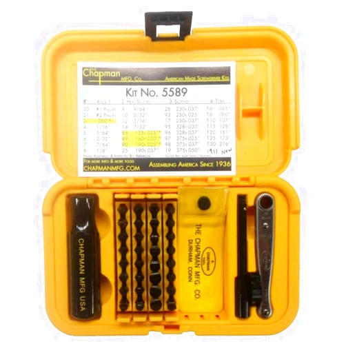 Chapman MFG 5589 Ultimate Gunsmith Screwdriver Set - Slotted, SAE Hex, Phillips, Grip Screw & Star Bits (Fit Torx Screws) - 32 USA Made Bits + Mini Ratchet, Screwdriver Handle, Spinner & Extension