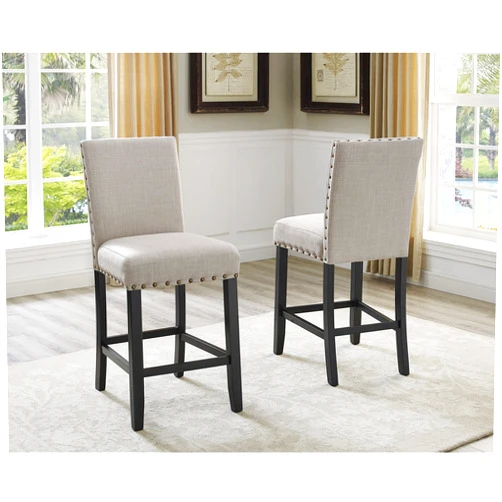 Roundhill Furniture Biony Tan Fabric Counter Height Stools with Nailhead Trim, Set of 2