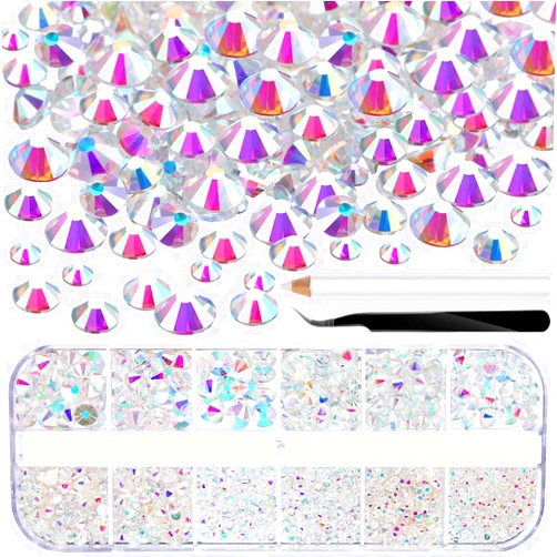 TecUnite 2000 Pieces Flat Back Gems Rhinestones 6 Sizes (1.5-6 Mm) Round Crystal Rhinestones with Pick up Tweezer and Rhinestones Picking Pen for Crafts Nail Clothes Shoes Bags DIY Art (Clear AB)