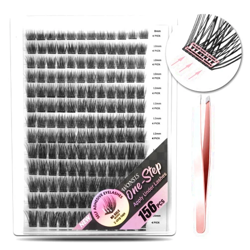 WONSIS Self Adhesive Eyelashes, 156 Pcs Self Adhesive Eyelash Clusters, No Glue Needed, Invisible 2-Strip Tape - Longer Lasting, No Sticky Residue Pre Glued Eyelashes (Volume-Mixed)