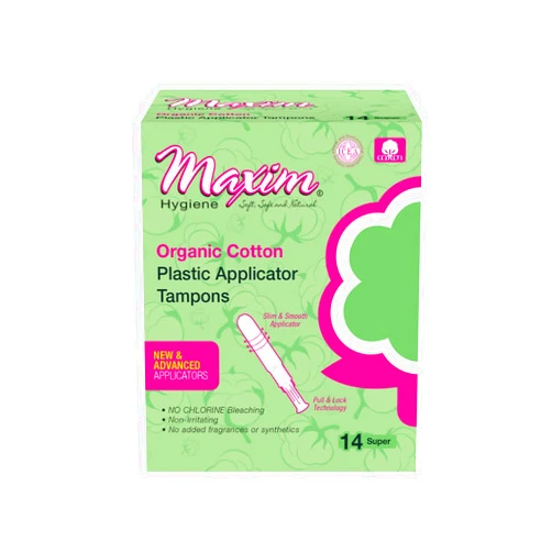 Maxim 100% Certified Organic Cotton BPA Free Plastic Applicator Tampons, Super, Unscented, Pull & Lock Applicator, Biodegradable and Compostable Core, 42ct, 3 Packs