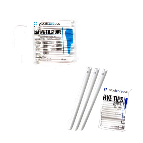 PlastCare USA 100 Saliva Ejectors and 100 HVE Suction Tips Bundle (White)