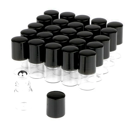 Wresty 25 Pcs Clear Glass Mini Roll On Bottles Empty Essential Oil Roller Ball Bottles Perfume Lip Blam Cosmetic Sample Vials Roller Glass Bottles Container With Black Cap (1ml)