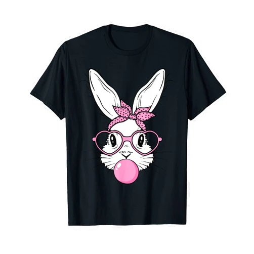 Cute Easter Bunny Gift for Girls and Women Cute Bunny Rabbit Face with Bandana Heart Glasses Easter Day T-Shirt