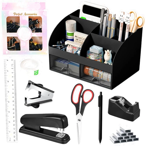 COMFYROOM Black Desk Accessories with Pen Holder, Office Supplies Desk Organizers and Accessories, Tape Dispenser, Stapler, Staple Remover, Staples, Clips Set, Ruler, Scissor, Pen, Tape (Black)