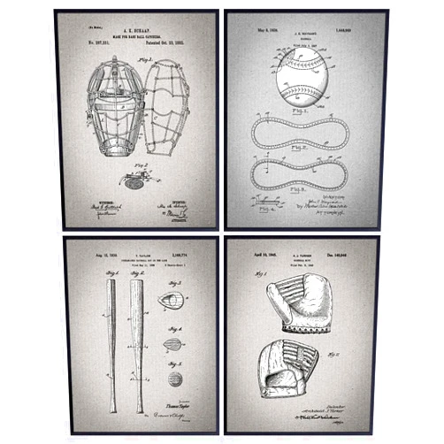 YELLOWBIRD ART & DESIGN Baseball Patent Art Prints - Vintage Retro Wall Art Poster Set - Chic Contemporary Home Decor for Boys, Teens, Game, Kids Room, Den, Office - Great Gift for Men, Boys - 8x10 Photo - Unframed
