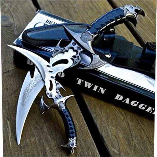 SYNYEY MOON KNIVES 2pc FANTASY CLAW Fixed Blade KNIFE TWIN DAGGER Set Draco w/ SHEATH, Stainless Steel