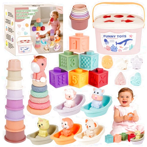 FUNWEGOT Montessori Baby Toys for Infants 6-18 Months Toddler 6–12 Months Shape Sorter Sorting Stacking Toy Sensory Learning Set with Stacking Rings for Babies Birthday Gift