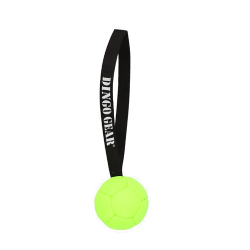 DINGO GEAR WWW.DINGOGEAR.COM 1977 Dog Reward Ball Durable Lightweight Synthetic Leather Fetch and tug Toy for Dog Strong Tugger with Tough Handle for Effortless Throwing 3