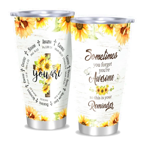 Sinlley Religious Inspirational Insulated Vacuum Tumbler 20 oz, Sunflower Birthday Gifts for Christian Women Friend Pastor, Portable Stainless Steel Double Wall Car Coffee Cup for Travel Camping