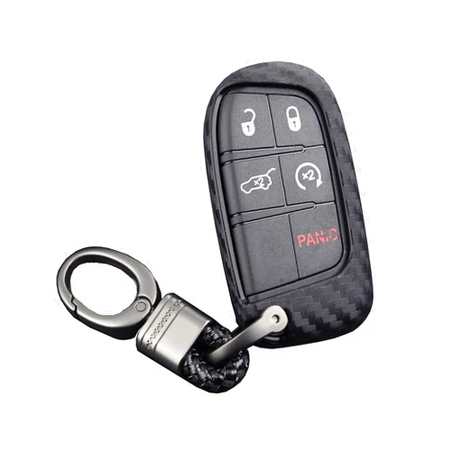 M.JVisun Soft Silicone Rubber Carbon Fiber Texture Case Key Fob Cover For Jeep Compass Grand Cherokee/For Dodge Challenger Charger/For Chrysler 200 300/For Fiat 500 Car Key - Black - Weave Keychain