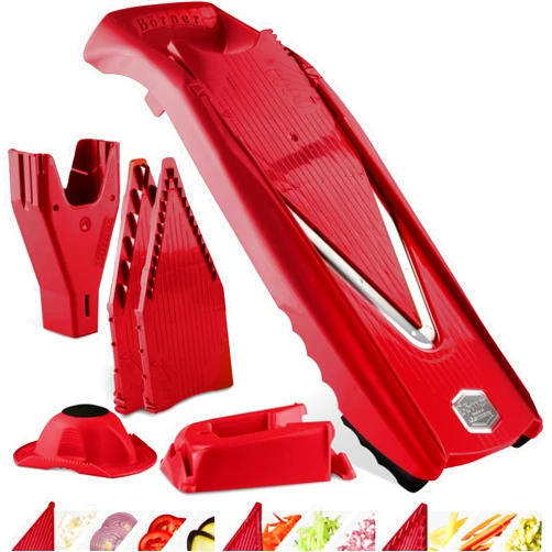 Börner Mandoline Slicer V5 (Professional Set) • Adjustable Vegetable Slicer (7-piece) • 10 Cutting Styles • Kitchen Slicer incl. Docking Station • Stainless Steel V-Blade • Color: Red