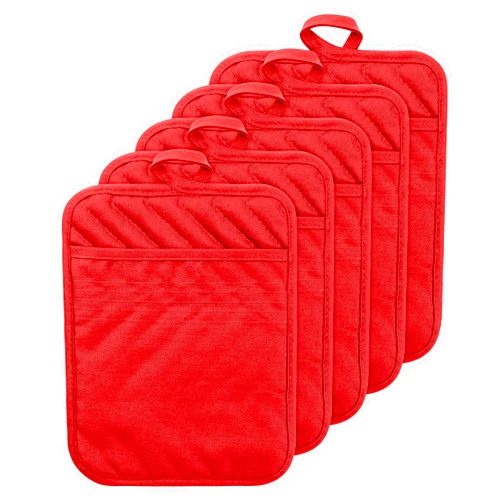 GROBRO7 5Pack Pocket Pot Holders Cotton Heat Resistant Potholder Multipurpose Hot Pads Machine Washable Oven Mitts Potholders Bulk for Daily Kitchen Baking and Cooking 7 x 9 Inch Red